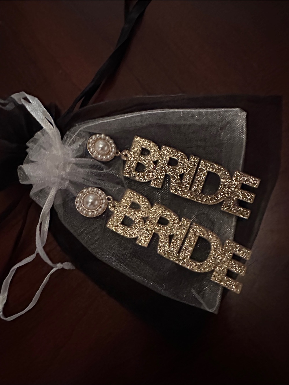 XOXO Gold 'BRIDE' Drop Earrings with Pearl Accents